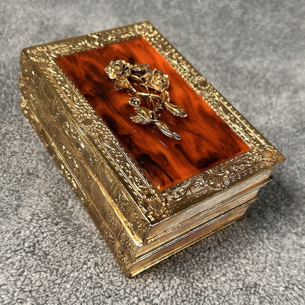 Vintage Gold Rose Trinket Box Lid Book Stack Design Japan